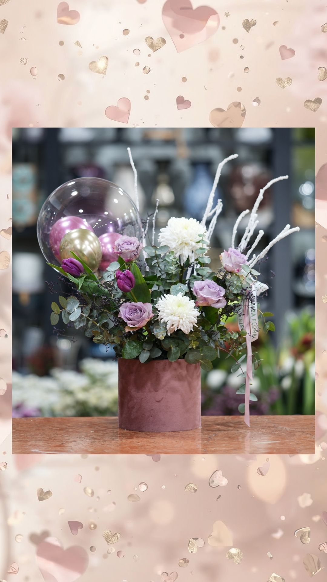 kadife kutuda mor beyaz balonlu arajman