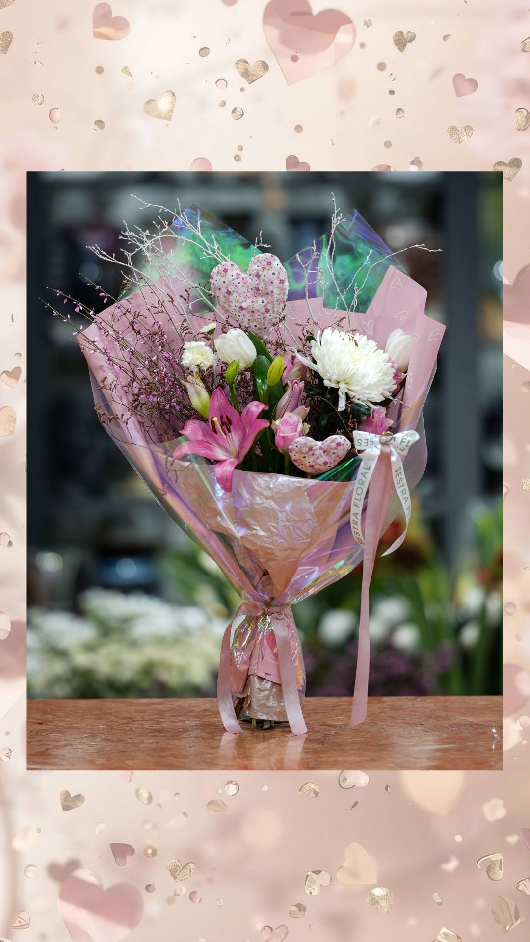 lilyum kasımpatı gül ale elyapımı dekorlu buket