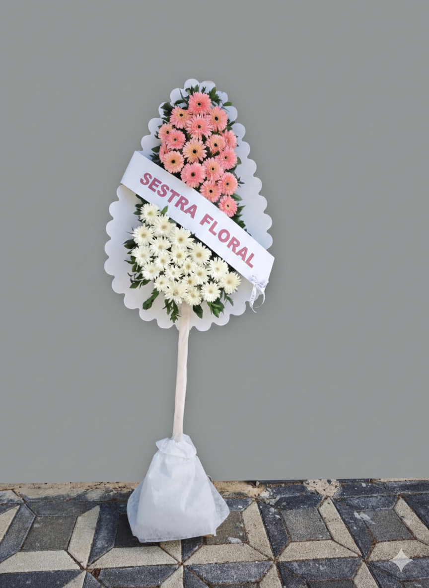 Pembe beyaz gerbera tek katlı çelenk