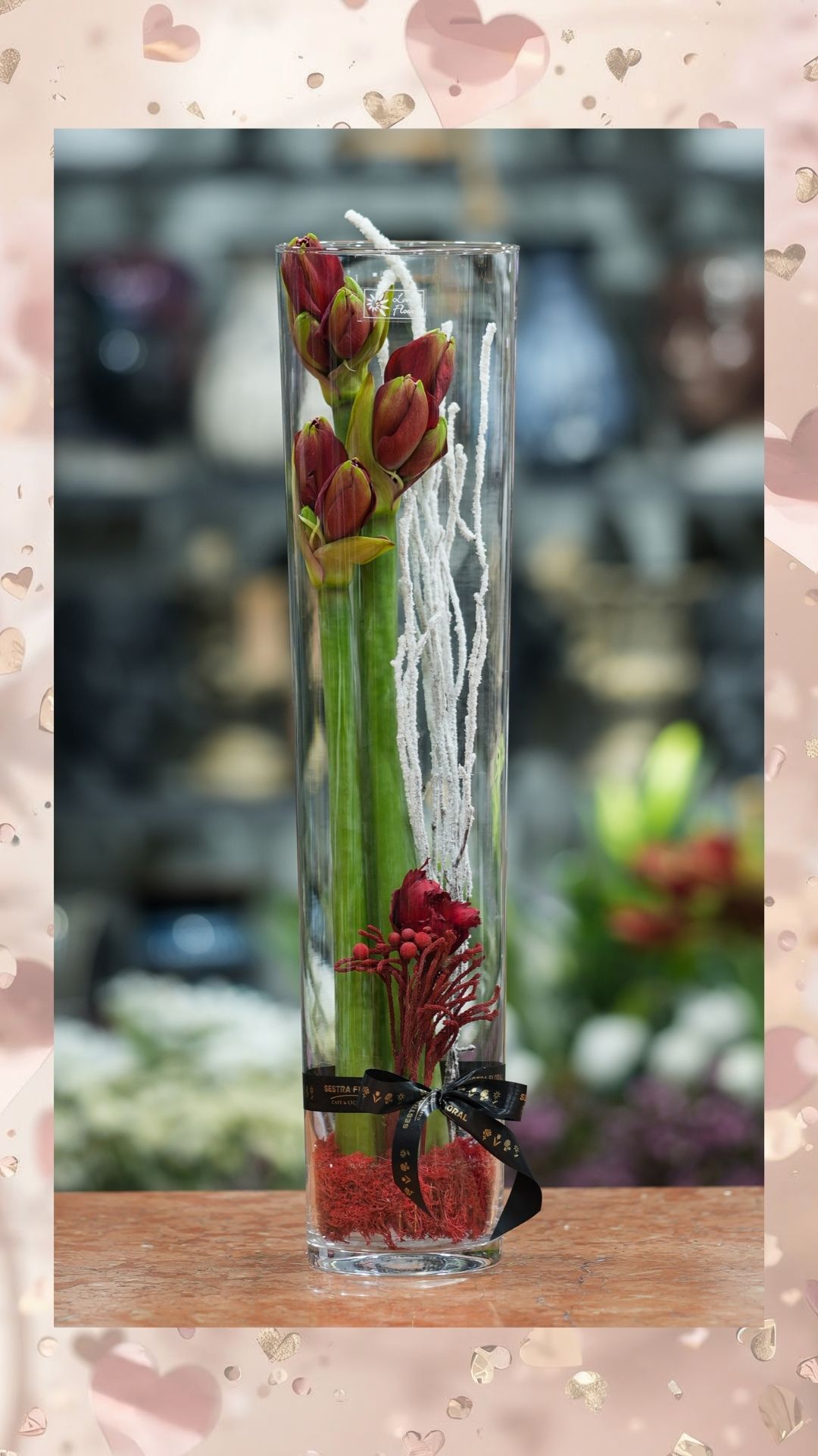 Uzun Cam Vazoda Kırmızı Moss & Amaryllis Tasarımı